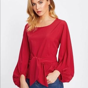 Women’s Top Shein Lantern Sleeve Blouse Tie Front Round Neck 3/4 Sleeve Size XL